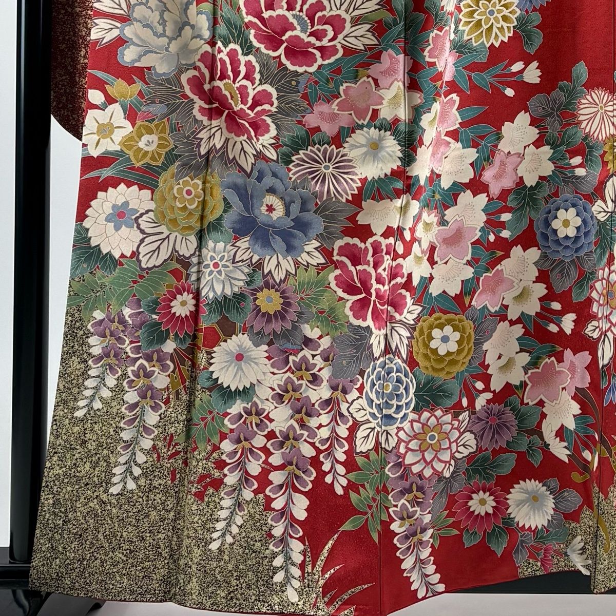 美品】 振袖 身丈159cm 裄丈68cm L 袷 草花 牡丹 金彩 赤 正絹 秀品