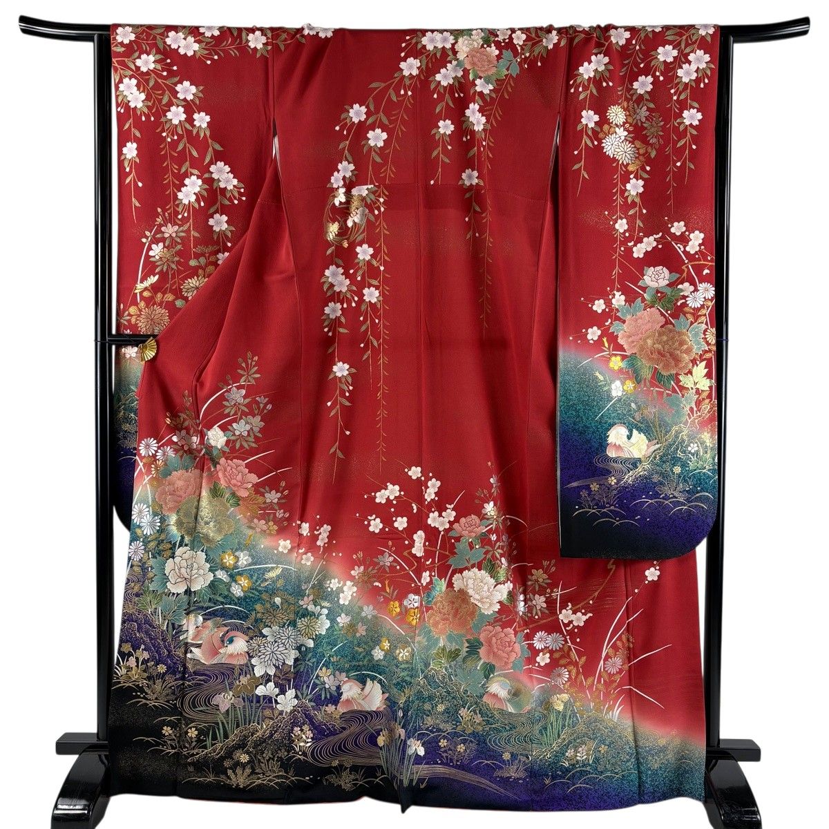 振袖 名品 身丈170cm 裄丈67.5cm 正絹 【中古】 振袖 身丈170cm 裄丈67cm M 袷 鴛鴦 牡丹 金銀彩 染め分け 茜色 正絹