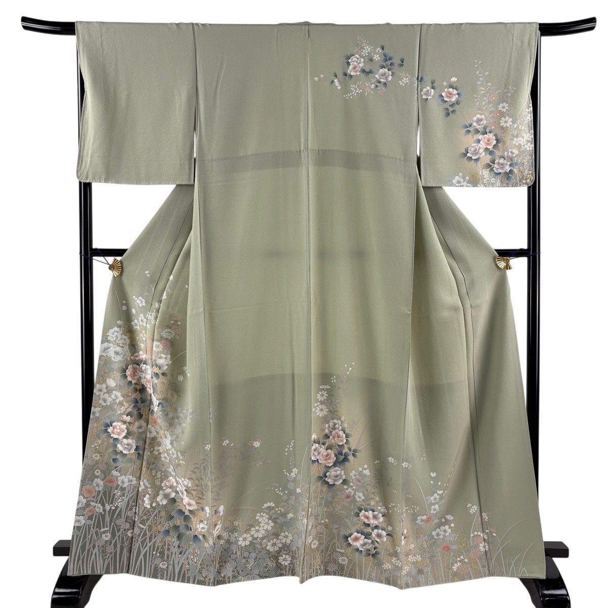訪問着 身丈165.5cm 裄丈66cm M 袷 草花 金銀彩 ぼかし 灰緑 正絹 秀品