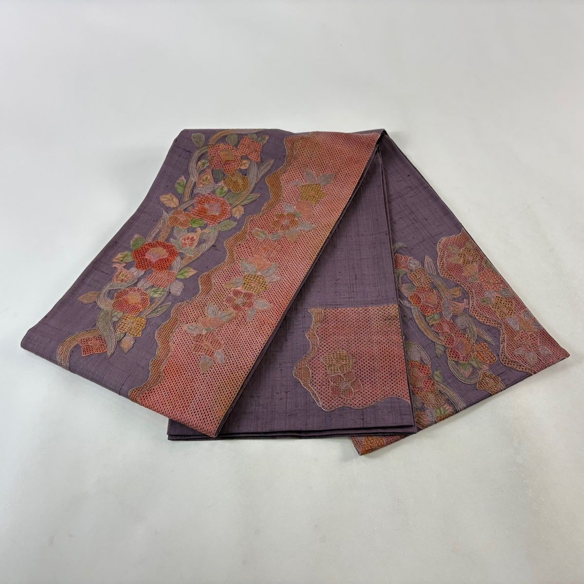 袋帯 秀品 紬地 草花 蘇州刺繍 紫 お太鼓柄 正絹 【中古】 - メルカリ