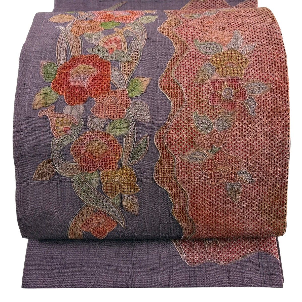 袋帯 秀品 紬地 草花 蘇州刺繍 紫 お太鼓柄 正絹 【中古】 - メルカリ