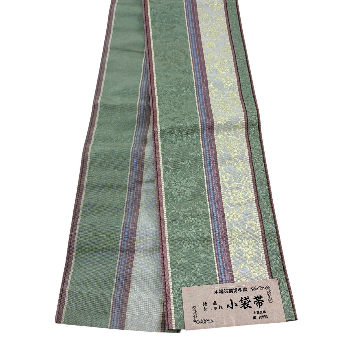 【美品】半幅帯 秀品 証紙有 博多織 縞 花唐草 灰緑 正絹 【中古】