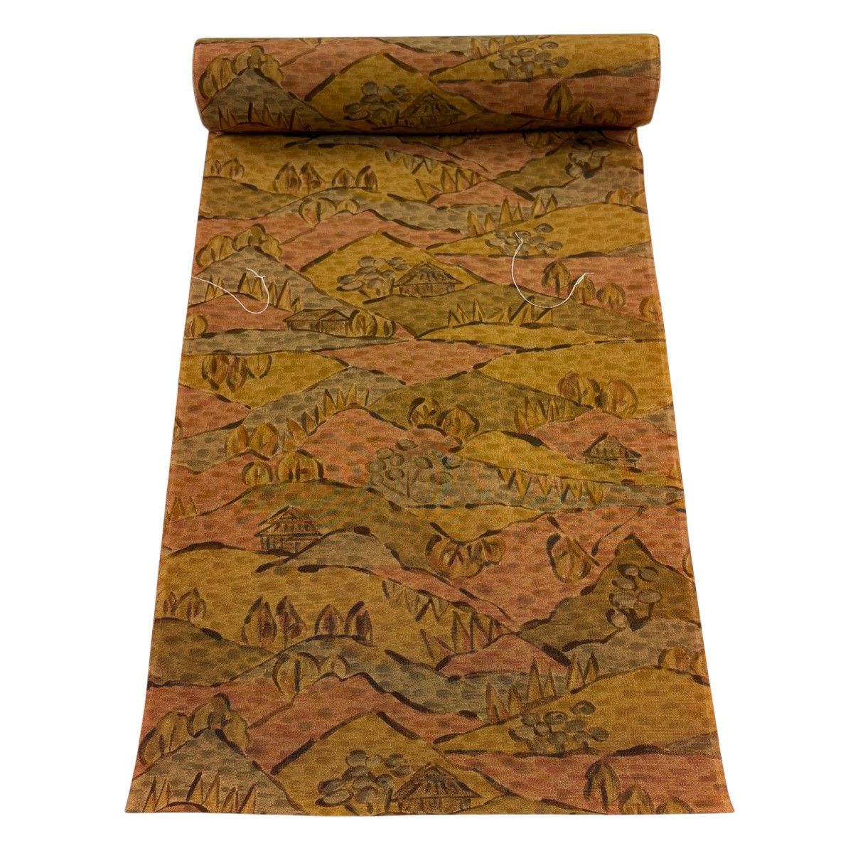 反物 秀品 小紋 家屋 樹木 山吹茶色 正絹 【中古】