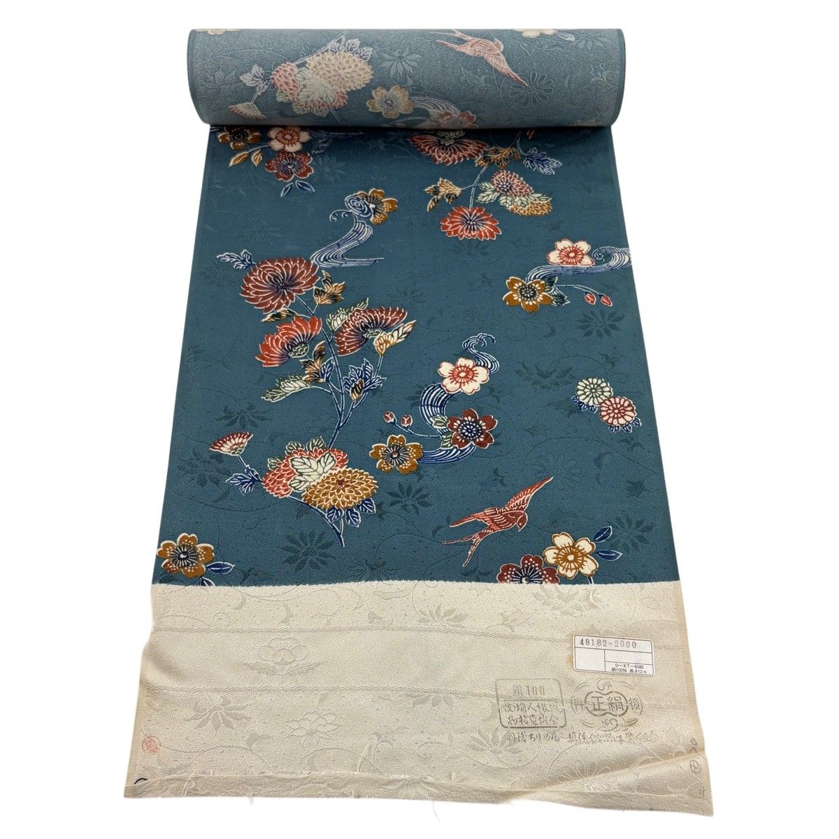 反物 秀品 小紋 花鳥 波頭 青緑 正絹 【中古】