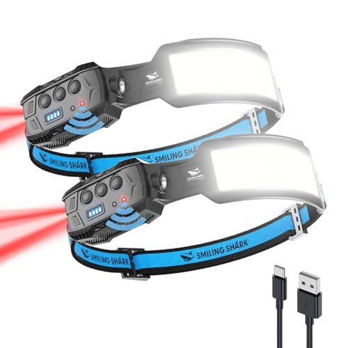 Smiling Shark ヘッドライト, 【LED白&赤ヘッドライト 2個入り】USB充電式 7倍高輝度照明 5000 mAh 長時間使用 人感センサー付き IPX4防水 防塵 釣り 登山 散歩 懐中電灯 キャンプ 作業 災害 停電 最適
