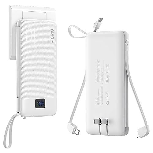 【OMKUY 新登場】 大容量 コンセント 10000mAh 薄型(折り畳みコンセント一体式/パススルー/PD 20W&SCP22.5W急速充電/3本ケーブル内蔵)携帯充電器 持ち運び便利 コンパクト モバイルばってりー PD3.0 携帯バッテリー 軽量 スK