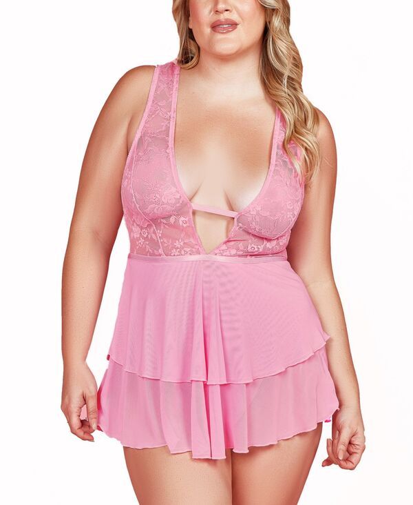 ホーティ レディース アンダーウェア ナイトウェア プラスサイズ レース Hauty Plus Size Lace Plunge Neck Babydoll and Panty 2 Pc Lingerie Set Pink ピンク