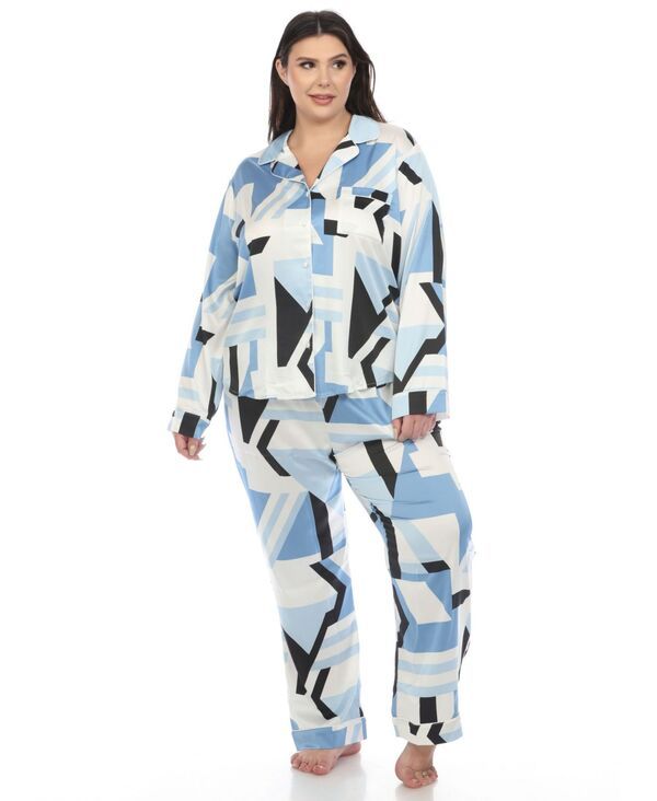 ホワイトマーク レディース アンダーウェア ナイトウェア プラスサイズ プリント サテン White Mark Plusize Printed Satin Pajama Set Blue ブルー