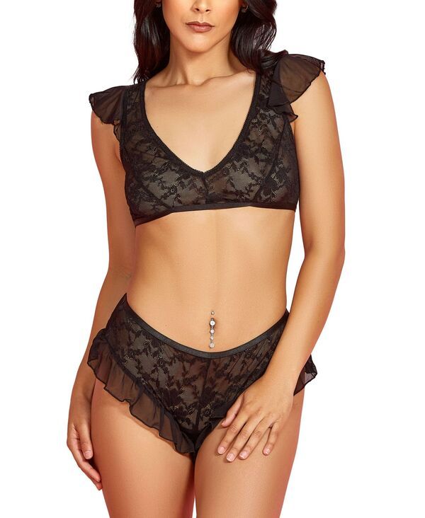 ホーティ レディース アンダーウェア ナイトウェア フリル レース Hauty Womens Ruffle Lace Bralette and Panty 2 Pc Lingerie Set Black ブラック