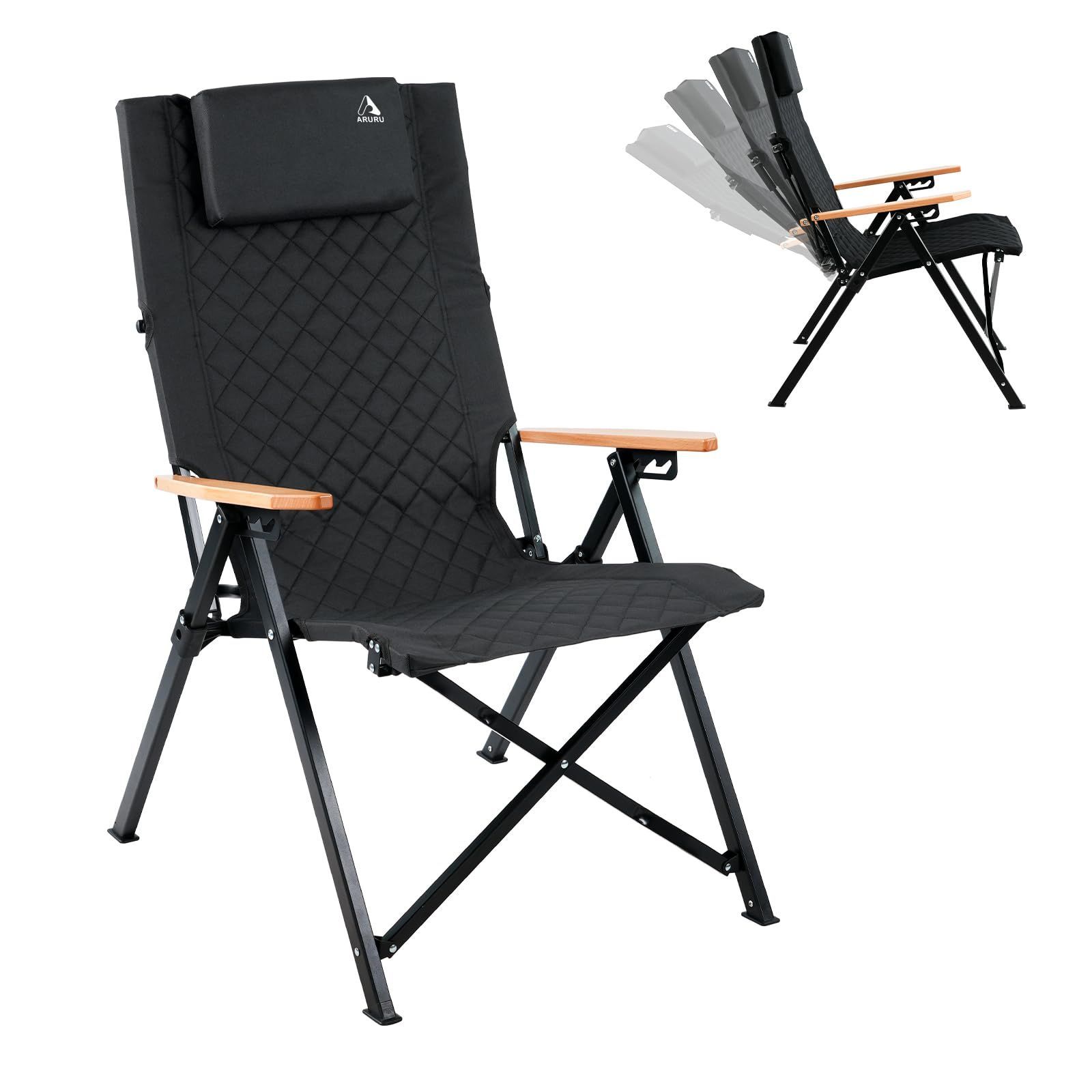 新商品 ARURUキャンプ用リクライニングチェア、ヘッドレスト付き4段階傾斜ハイバック椅子、コンパクトに折りたたみ可能なアウトドアチェア、そして便利な収納袋付き(ブラック)