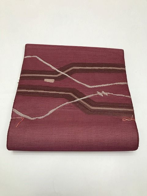 【中古】名古屋帯 正絹 臙脂地に霞文様 夏帯