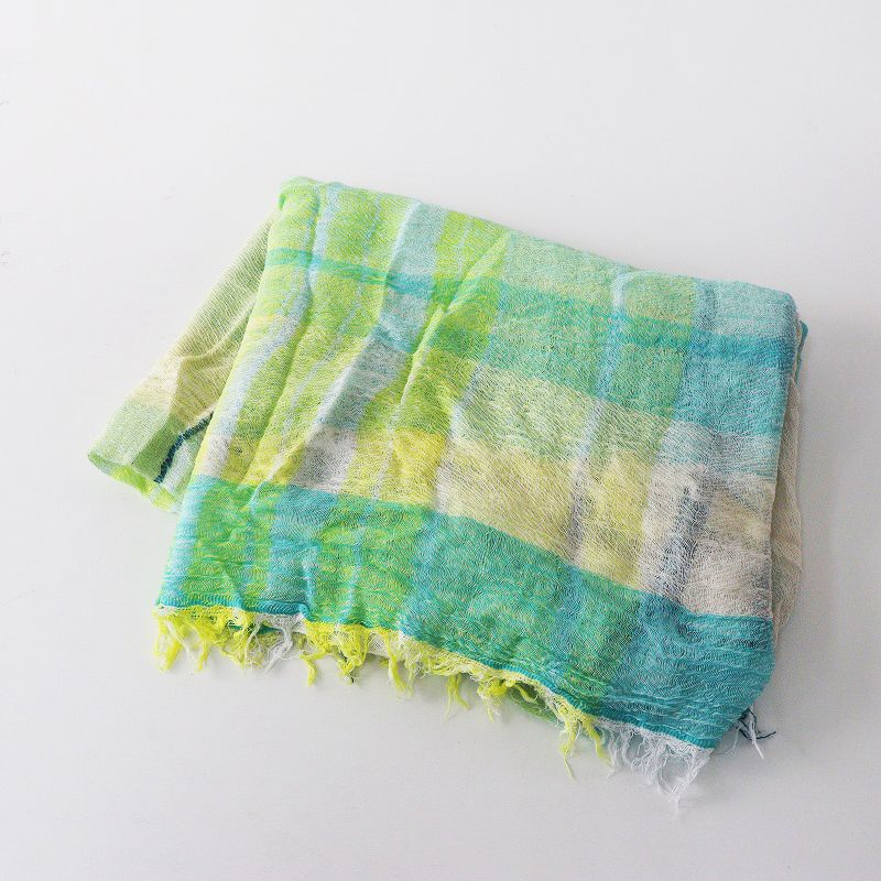 USED タマキニイメルーツショールshawl Big綿100% 緑/ターコイズ roots shawl BIG wool｜tamaki niime 玉木新雌