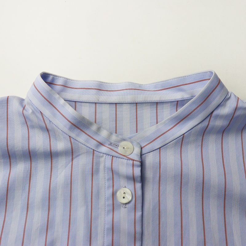 定価3.8万 2024SS エンフォルド ENFOLD ミックスストライプ レイヤードMEN’Sライクシャツ 38/ブルー ブラウス 半袖【2400014522051】 ENFOLD（エンフォルド） 定価3.8万 2024SS ミックスストライプ