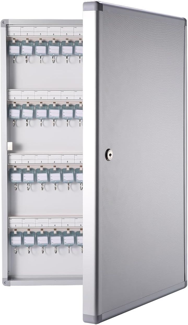 AOVOCO キーボックス 壁掛け keybox 鍵収納 ロック付き 会社 事務所 業務用 オフィス 96キー (シルバー, 96個収容)