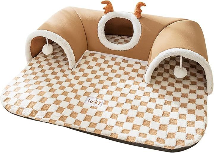 AOVOCO 猫ベッド トンネル 犬 ふわふわ ペットマット 滑り止め ペットベッド 可愛い ペットハウス キャットマット 小型犬用 クッション 子猫 洗える (Aブラウン, L(6～10KG))