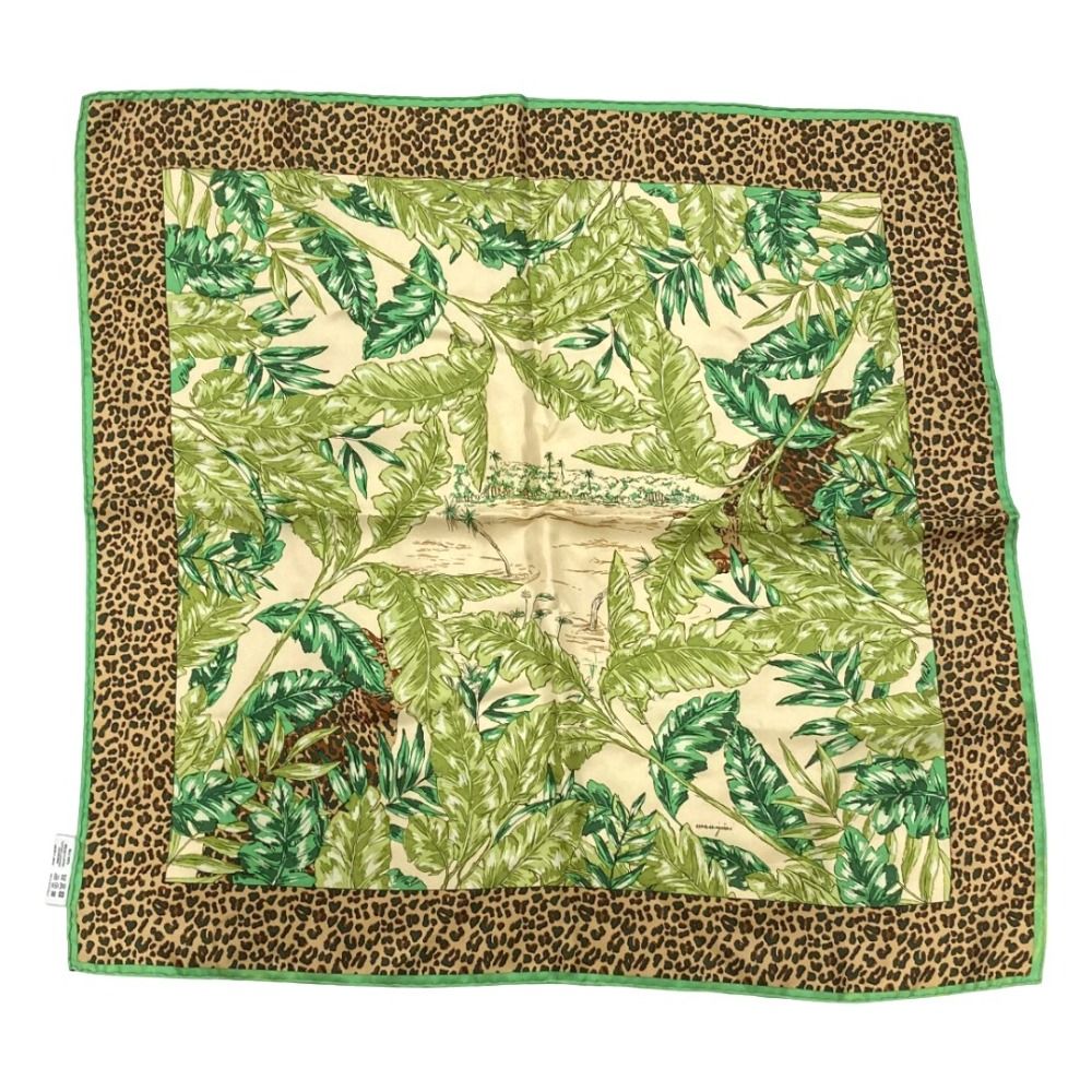 良品 manipuri マニプリ リーフ レオパード シルクスカーフ グリーン