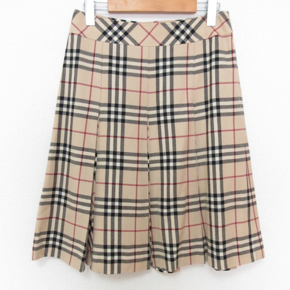美品 BURBERRY LONDON バーバリーロンドン ノバチェック ウール ひざ丈 プリーツ スカート サイズ38 ベージュ レディース 古着 中古 USED