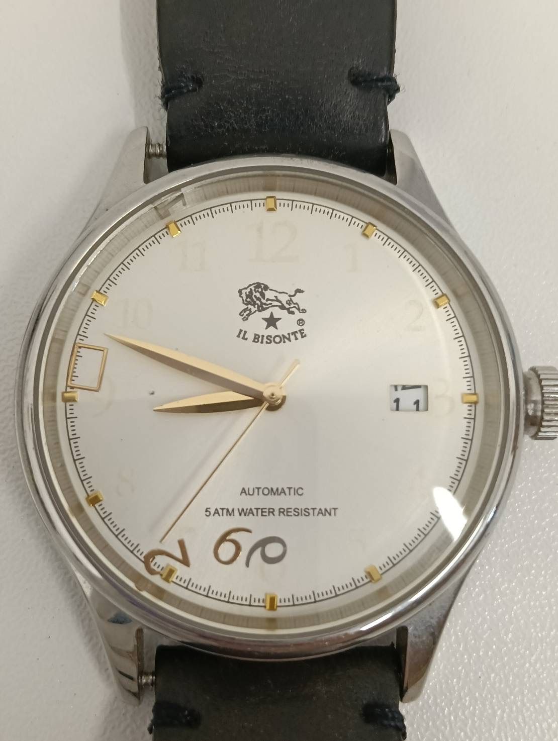 【中古品】 IL BISONTEイルビゾンテ 腕時計 自動巻き シルバー×黒ブラックベルト ステンレス 時計 現状品