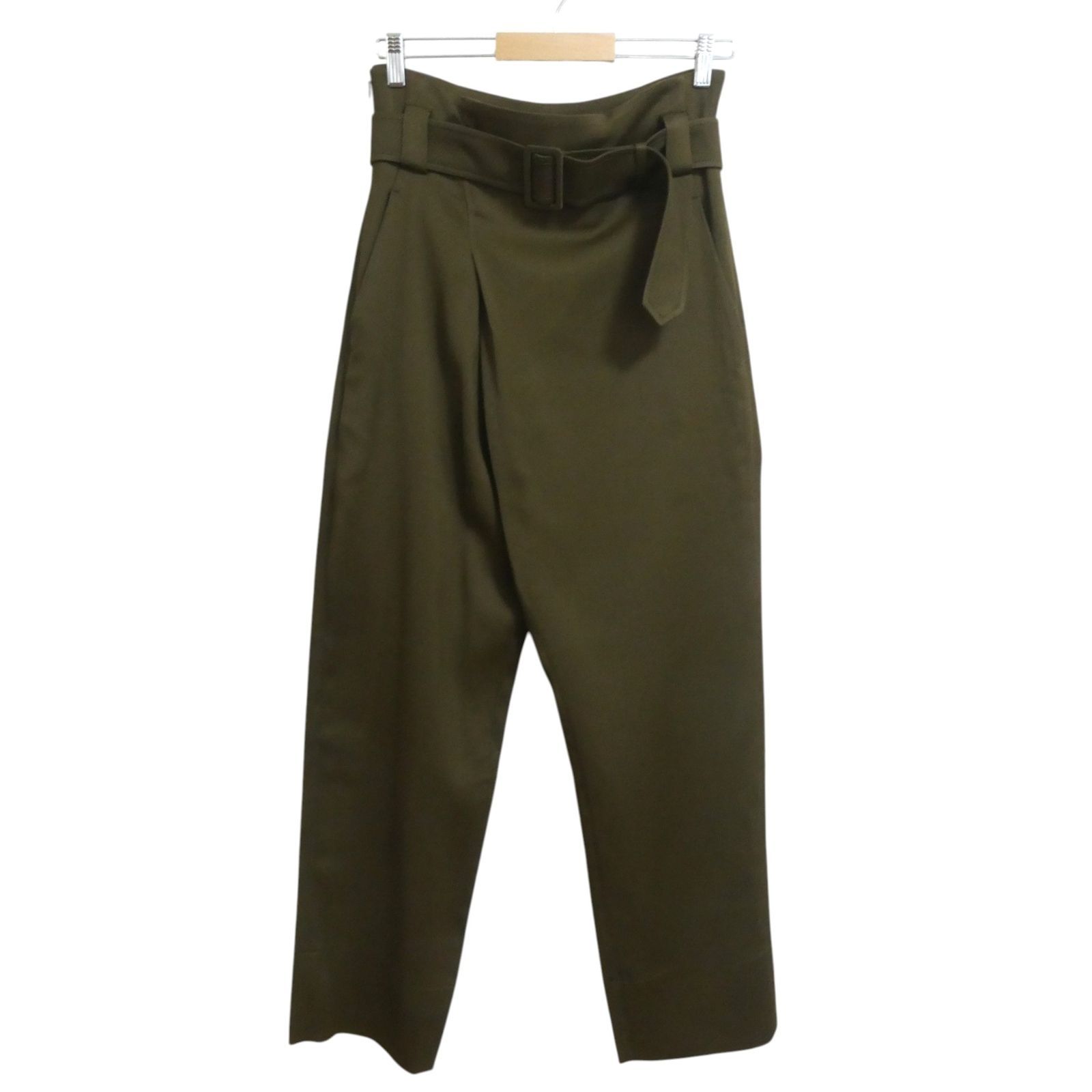 極美品 CEDRIC CHARLIER セドリックシャルリエ アシンメトリー ベルト付き サルエルパンツ ワイドパンツ テーパード レーヨン×ウール カーキ系 I40 レディース
