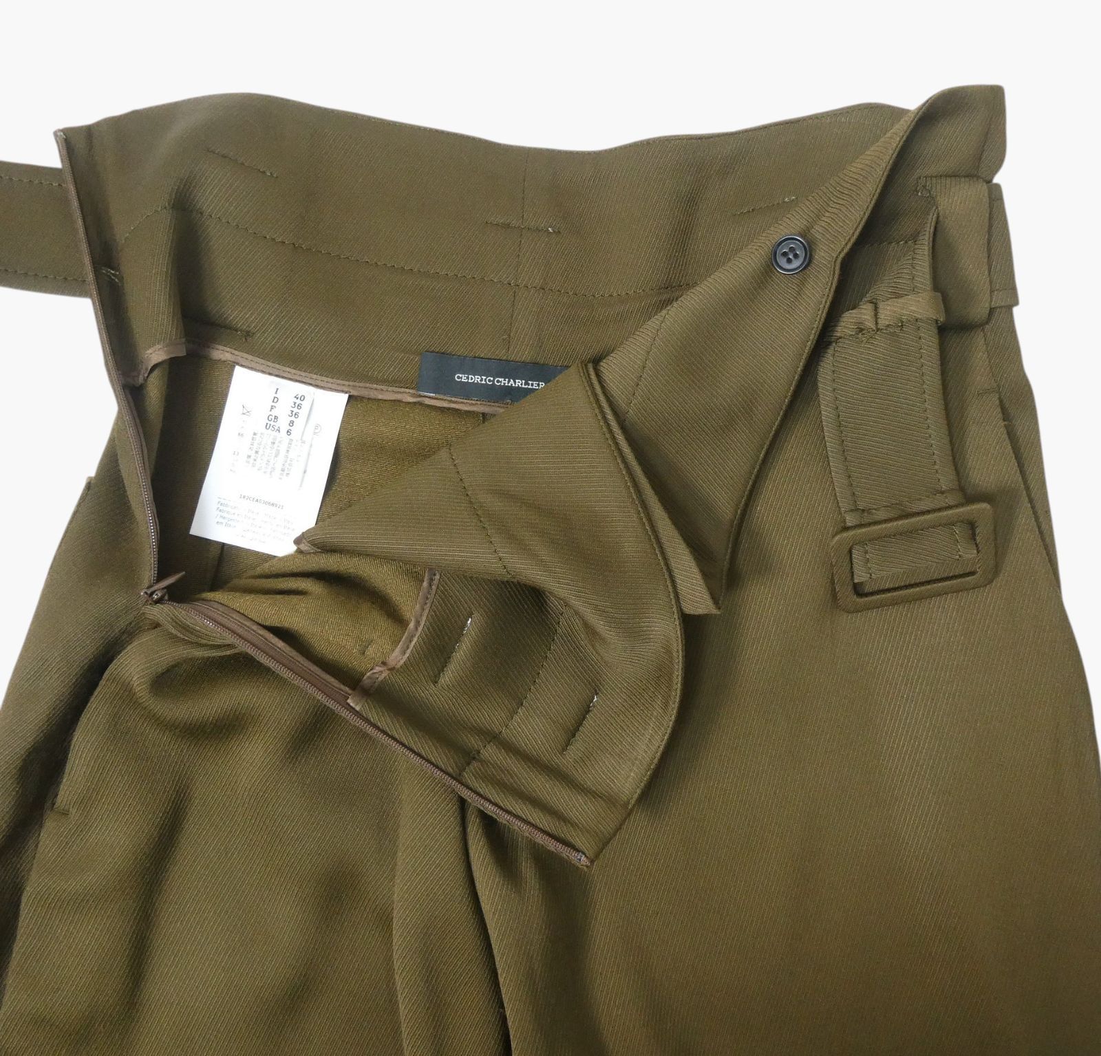 極美品 CEDRIC CHARLIER セドリックシャルリエ アシンメトリー ベルト付き サルエルパンツ ワイドパンツ テーパード レーヨン×ウール カーキ系 I40 レディース 極美品 CEDRIC CHARLIER セドリックシャルリエ アシンメトリー ベルト付き サルエルパンツ ワイドパンツ テーパード レーヨン×ウール カーキ系 I40 レディース