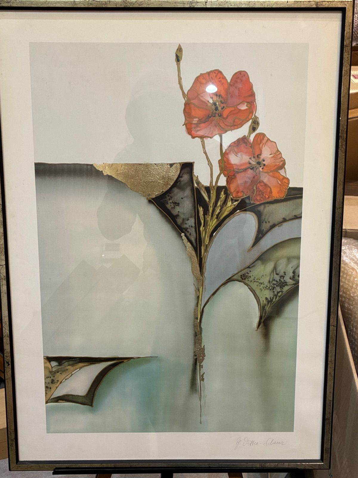 G. Ritter-Scherer 抽象花卉画 金箔加工 額裝入り モダンアート