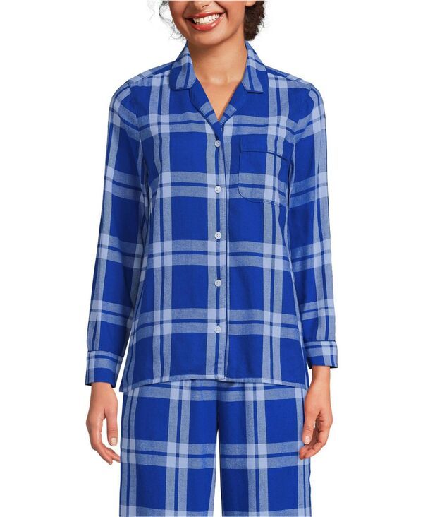 ランズエンド レディース アンダーウェア ナイトウェア プチ プリント Lands End Womens Petite Long Sleeve Print Flannel Pajama Top Clear blue skylapis plaid ブルー