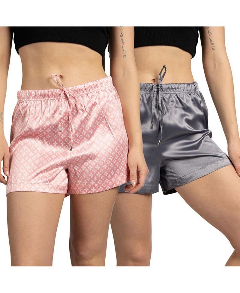 タハリ レディース アンダーウェア ナイトウェア ショートパンツ サテン Tahari Womens 2Pack Satin Drawstring Pajama Lounge Shorts Sunset pink geo and grey グレー