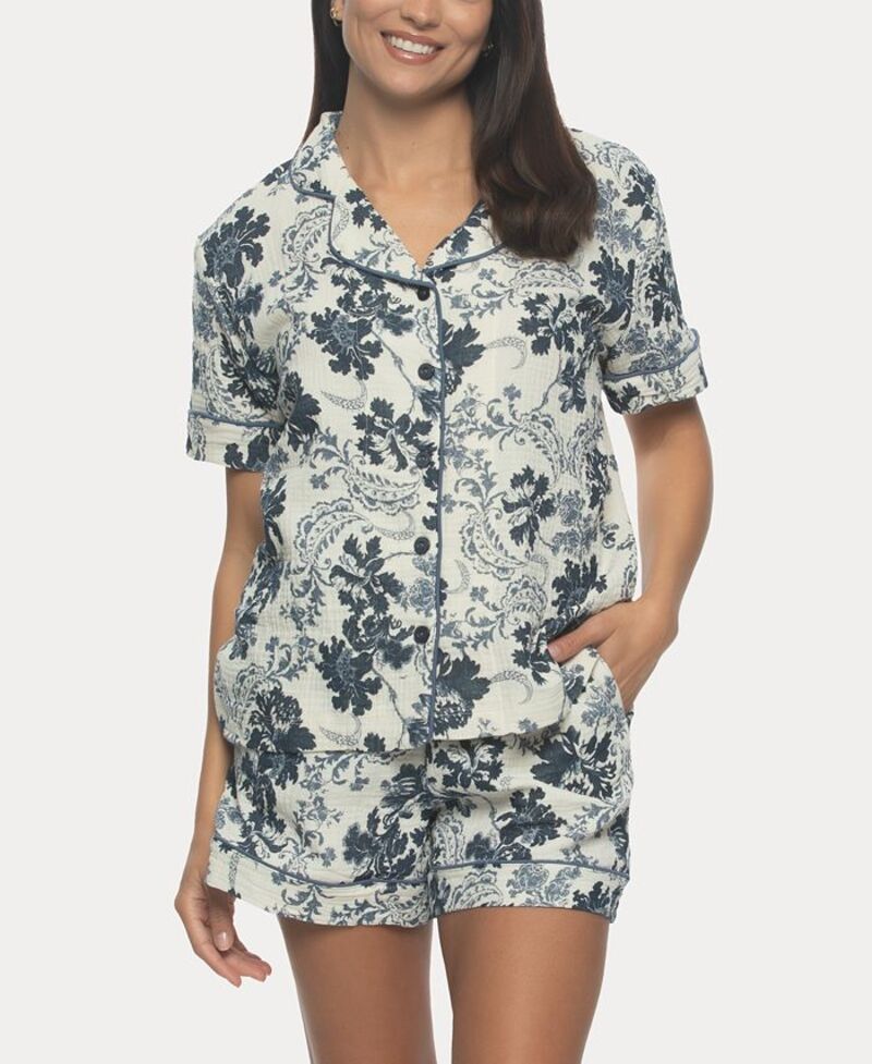 フェリナ レディース アンダーウェア ナイトウェア コットン Felina Womens Calista Cotton Gauze Short Sleeve Pajama Short Set Indigo Folk インディゴ