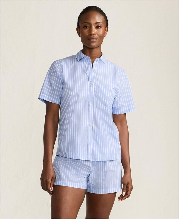 ランズエンド レディース アンダーウェア ナイトウェア シャツ ショートパンツ Lands End Womens Poplin 2 Piece Pajama Set Short Sleeve Shirt and Shorts Crisp blue stripe