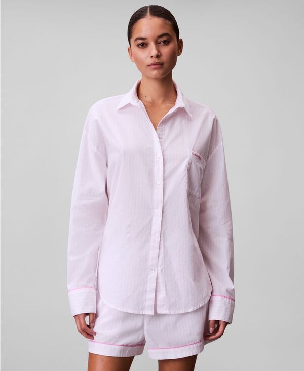 カルバンクライン レディース アンダーウェア ナイトウェア シャツ ダウン Calvin Klein Womens Poplin VDay ButtonDown Pajama Shirt Classic White Stripe ホワイト