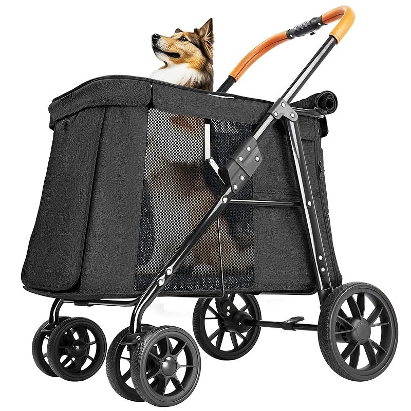Joyfultails ペットカート 大型犬 中型犬 多頭用 ドッグカート ワンタッチ 折りたたみ式 耐荷重30KG 大空間 わんわんカート 低床型 乗り降りラクラク ペットバギー 4輪 前輪360°回転 後輪ブレーキ付き 犬用ベビーカー お出かけ 散歩 1