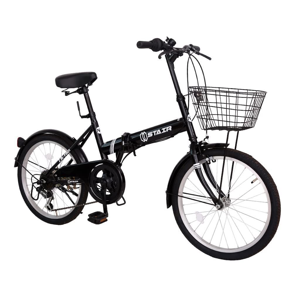 特価 20インチ シマノ６段変速 カゴ付 折り畳み自転車 ライトのプレゼント付き 前後泥除け装備 ハンドルの高さ調節できる 折りたたみ自転車 小径車 ミニベロ (ブラック)