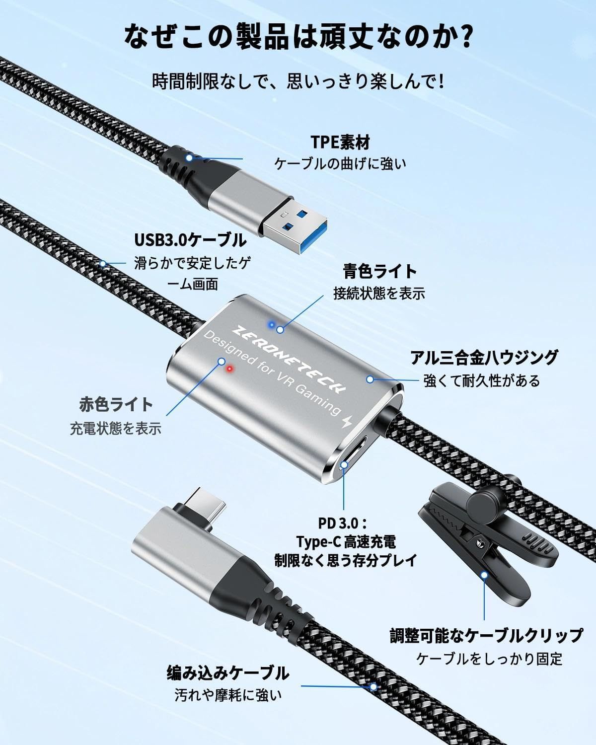 ZeroneTeck 無限リンクLinkケーブル 5m 45W急速充電 Meta Quest3S