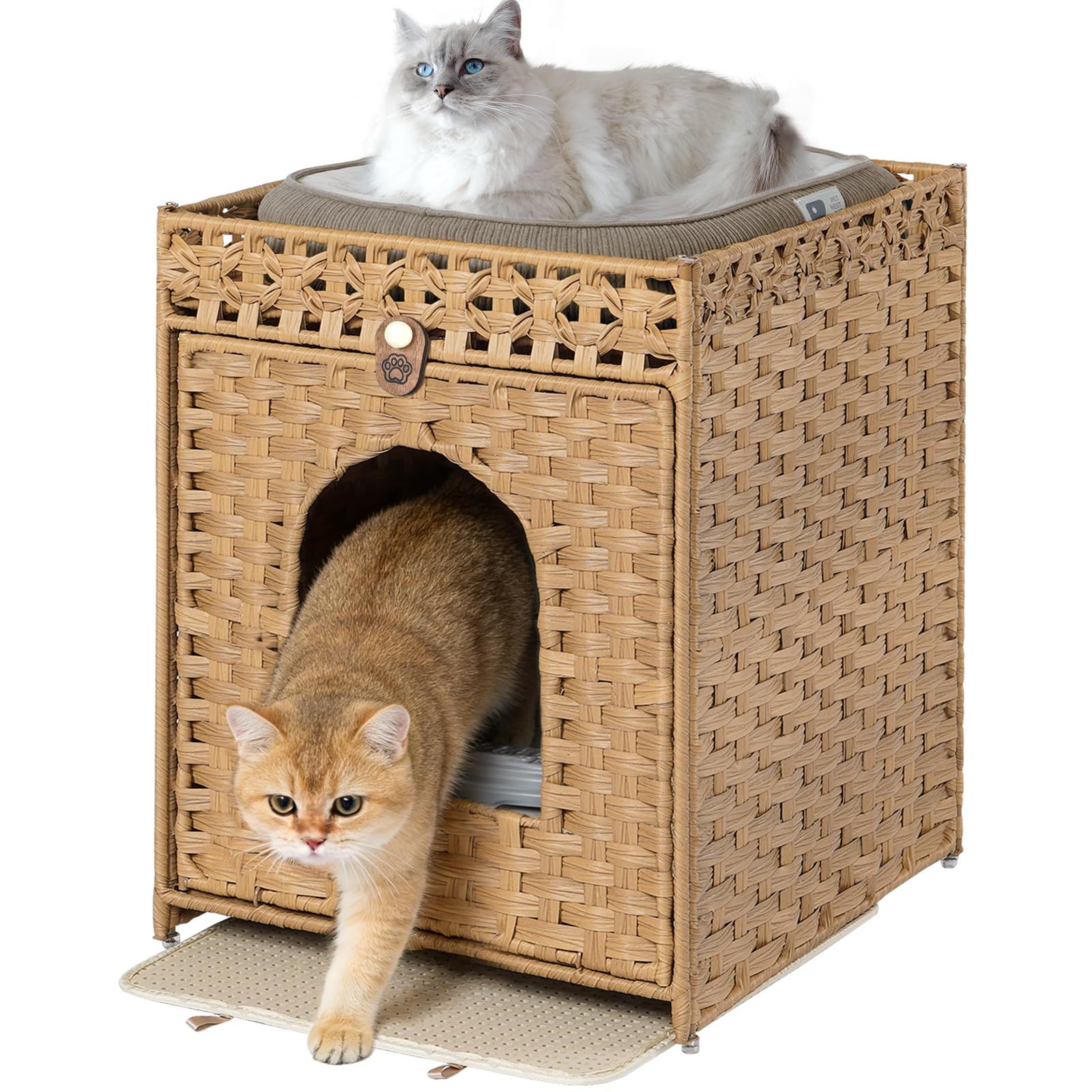 Snughome 猫ベッドキャットハウス手編み藤製猫砂箱ダブルデザイン猫トイレカバー猫砂ボックス収納家具多機能ペットハウス大容量・通気性 防水・防晒・簡単設置折りたたみ式猫ハウス室内猫 部屋夜台 / サイドテーブル猫隠れ家隠す猫用レストルーム収納キャビネットニ 5,001円