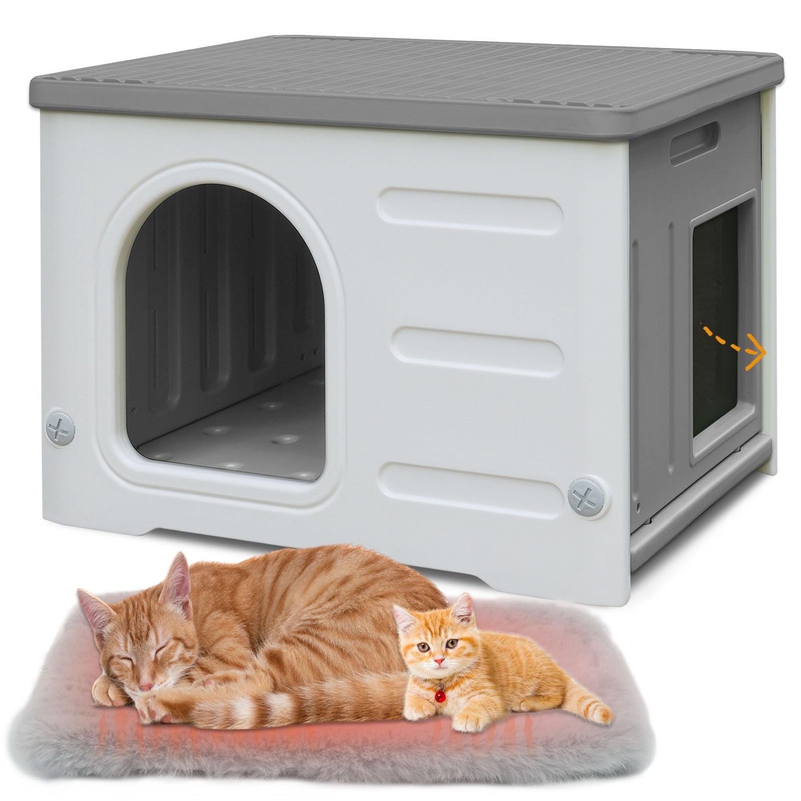 防水 屋外用 猫ハウス プラスチック製 野良猫用 脱出口付き ソフトマット付属 大型 多頭飼い対応 グレー