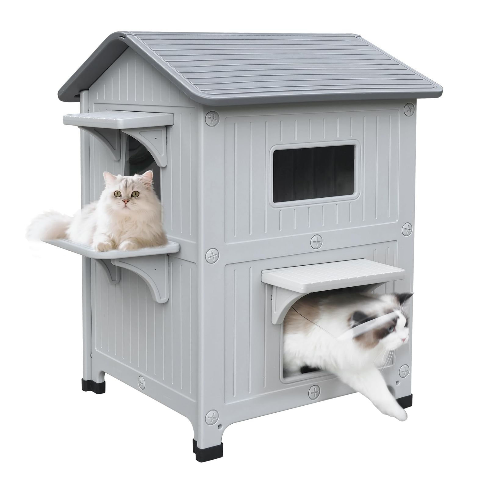 屋外用猫ハウス 耐候性プラスチック製 猫小屋（脱出用ドア付き）2階建て 屋内防水 野生猫/飼い猫用シェルター複数匹対応 屋外設置用 グレー