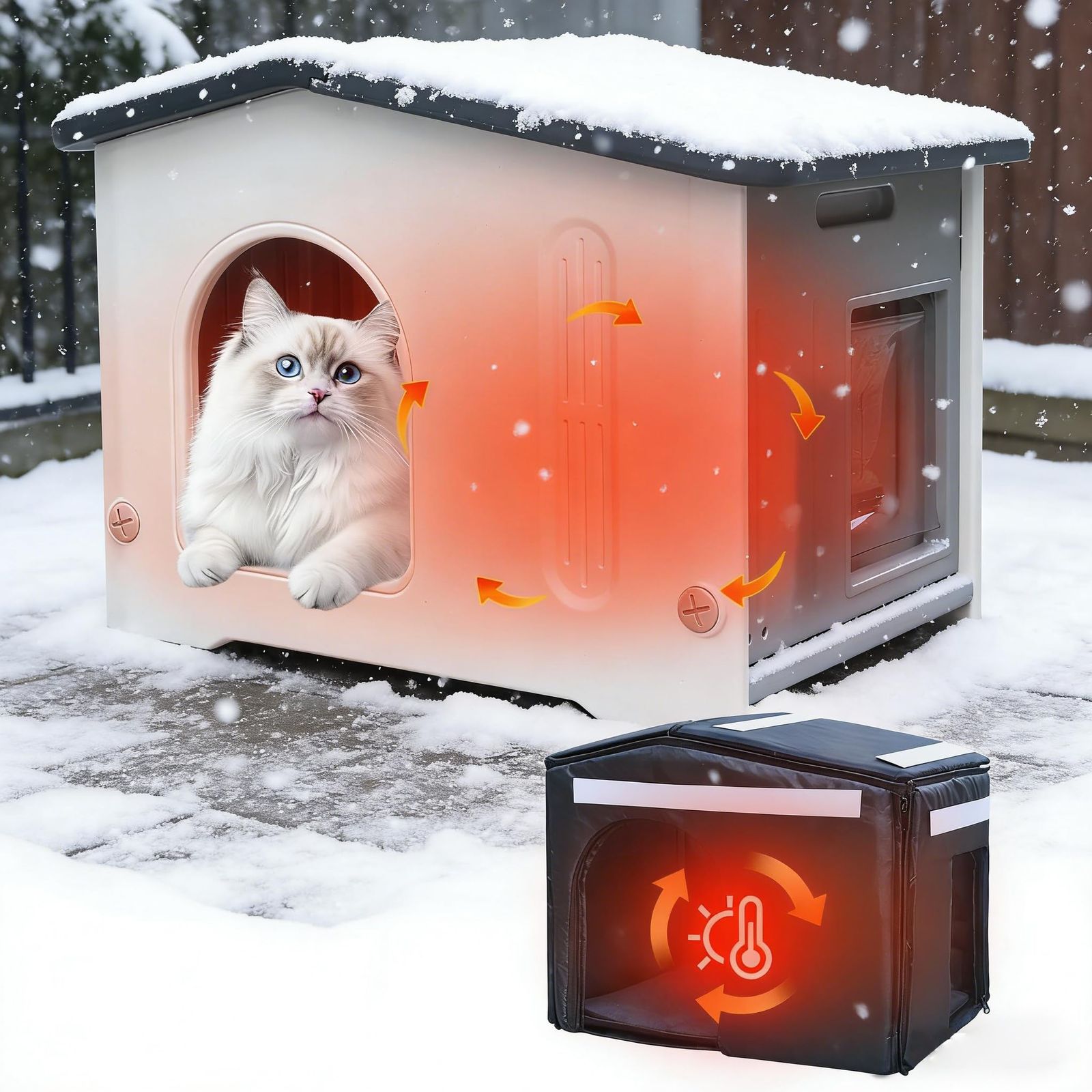 断熱ライナー付き屋外猫ハウス、防風防水プラスチック製断熱猫小屋（脱出ドア付き）室内用防水野良猫/ペット猫シェルター屋外用子犬・ウサギ用冬用シェルター