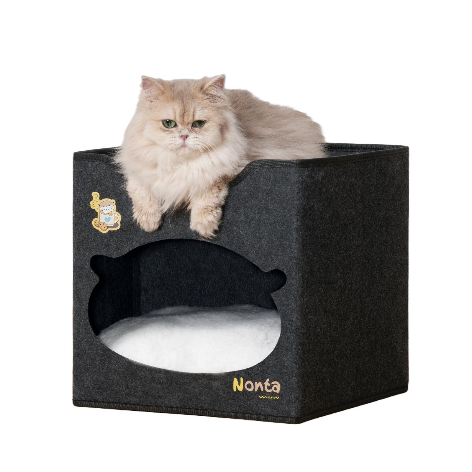 【日本企業】 Nonta 猫用フェルトハウス 折り畳み可 通気性 省スペース 二層 猫の遊び場 猫の隠れ家 犬猫兼用 ペットベッド 取り外し可能なクッション付き オールシーズン対応 ストレス緩和 小型猫・子猫・多頭飼いに最適 ダークグレー