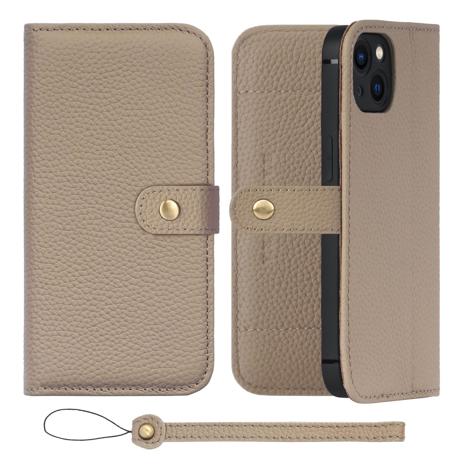 HANATORA for iPhone 13 ケース 手帳型 本革 スマホケース スマホ スタンド ストラップ 付き シュリンクカーフレザー ベルトあり マグネットなし グレージュ H1SPB-13-Grege ギフト 誕生日 女性 男性 彼女 お母さん お父