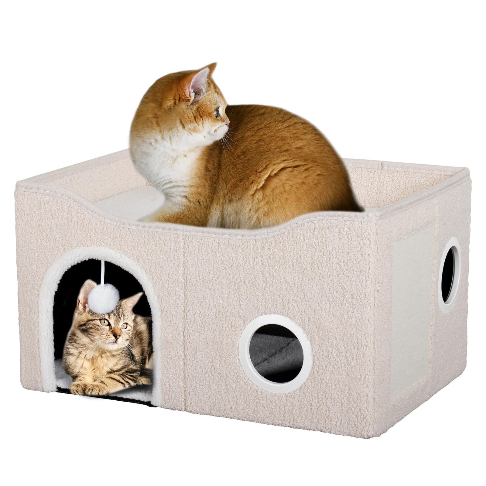 折りたたみ式キャットハウス 爪とぎパッド＆ふわふわボール付き - 高級ラムウール素材 室内用猫ベッド、リバーシブルクッション、簡単組立て猫の隠れ家、約61×41×33cm クリームホワイト