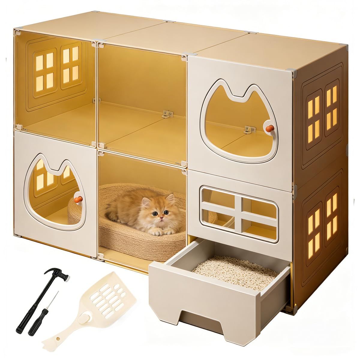 SIRUNLY 猫 ケージ 2段3列 キャットケージ 大型 106×46×71.9cm 引き出し式トイレ付き 実用性と美しさ 簡単に清掃