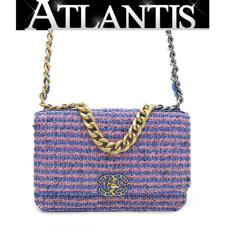 シャネル CHANEL シャネル19 チェーンウォレット ツイード 青×ピンク