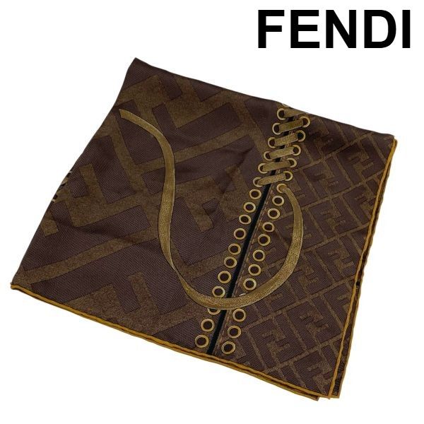 フェンディ　FENDI　スカーフ　ズッカ　大判　ブラウン　シルク ○ フェンディ FENDI スカーフ バンダナ 大判ハンカチ カレ ズッカ柄