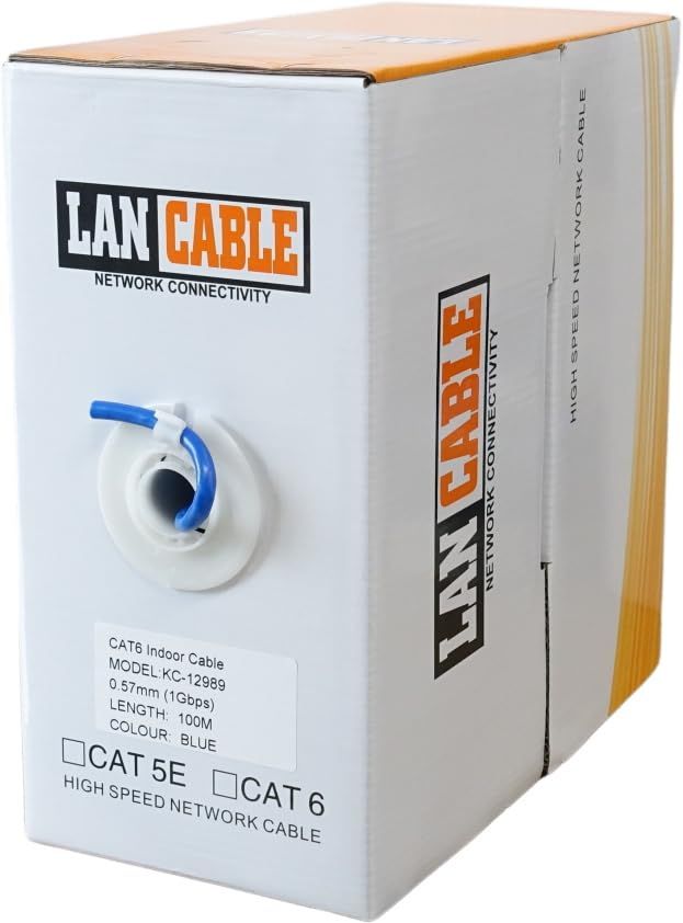 KC SECURITY 100ｍ (ブルー)CAT6 LANケーブル (コネクター無し) PoE対応 安心の国内ブランド品 ノイズに強い単線仕様 1Gbps UTP PoEカメラやPCのLAN通信ケーブルに レンズマーク付 自作用 100m巻き箱入り BOAR