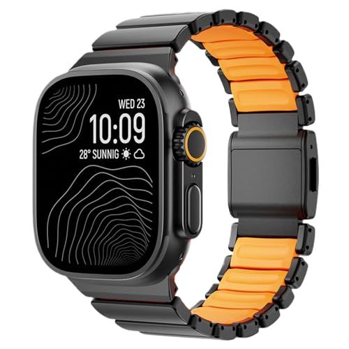 マグネット留め具付きチタンスチールバンドコンパチブル アップルウォ for Apple Watch Ultra 3/2/1（49mm/46mm/45mm/44mm/42mm）に対応，チタンシリコンメタルベルト for iWatch シ11/10/9/8/7/t