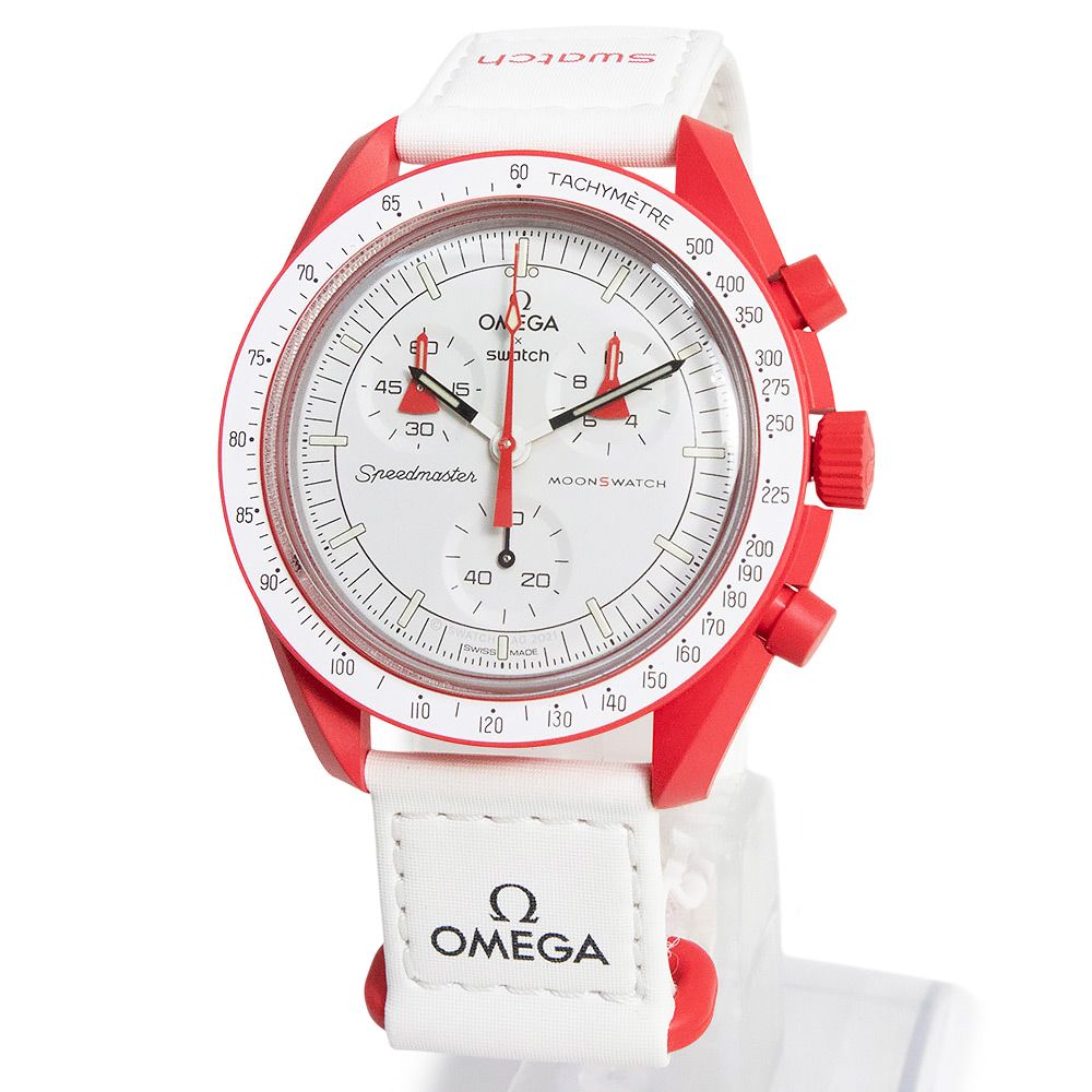 オメガ SO33R100 スウォッチ Swatch ミッション トゥ マーズ MISSION TO MARS スピードマスター ムーンスウォッチ クロノグラフ クォーツ ナイロン バイオセラミック レッド ホワイト 腕時計 箱付 OMEGA（未使用　展示品）