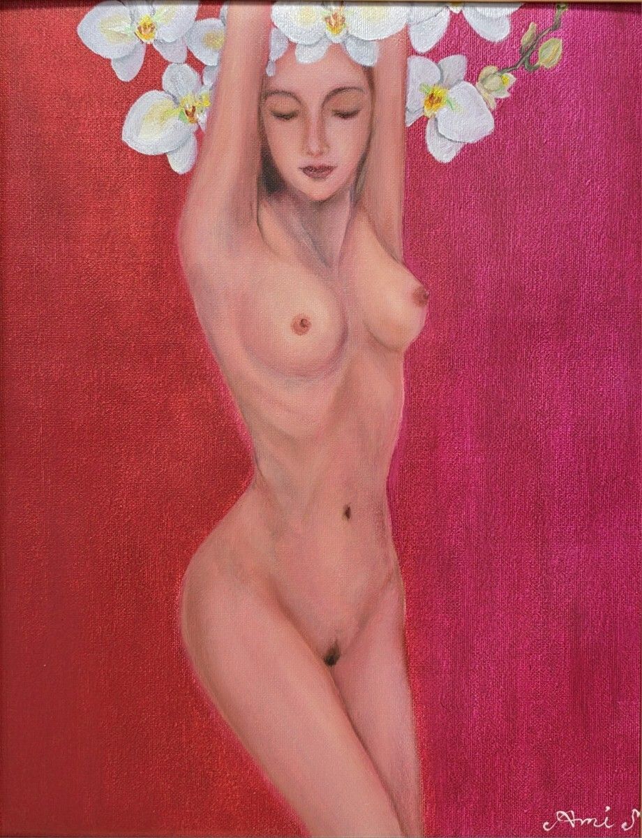 ≪国美協≫しおざわ あみ、『胡蝶』、油彩画、F6号：40,9×31,8cm、油絵一点物、新品高級油彩額付、直筆サイン・真作保証付 裸婦