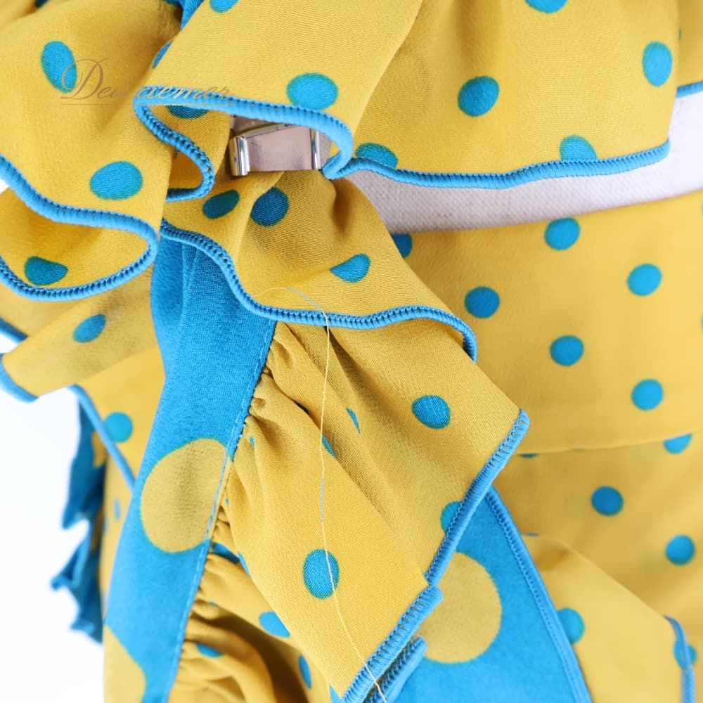 フラメンコ 衣装 エプロン ピキージョ パープル×イエロー系　水玉　黄色ポンポン フラメンコ 衣装 MARINA FLAMENCA シージョ エプロン ピキージョ