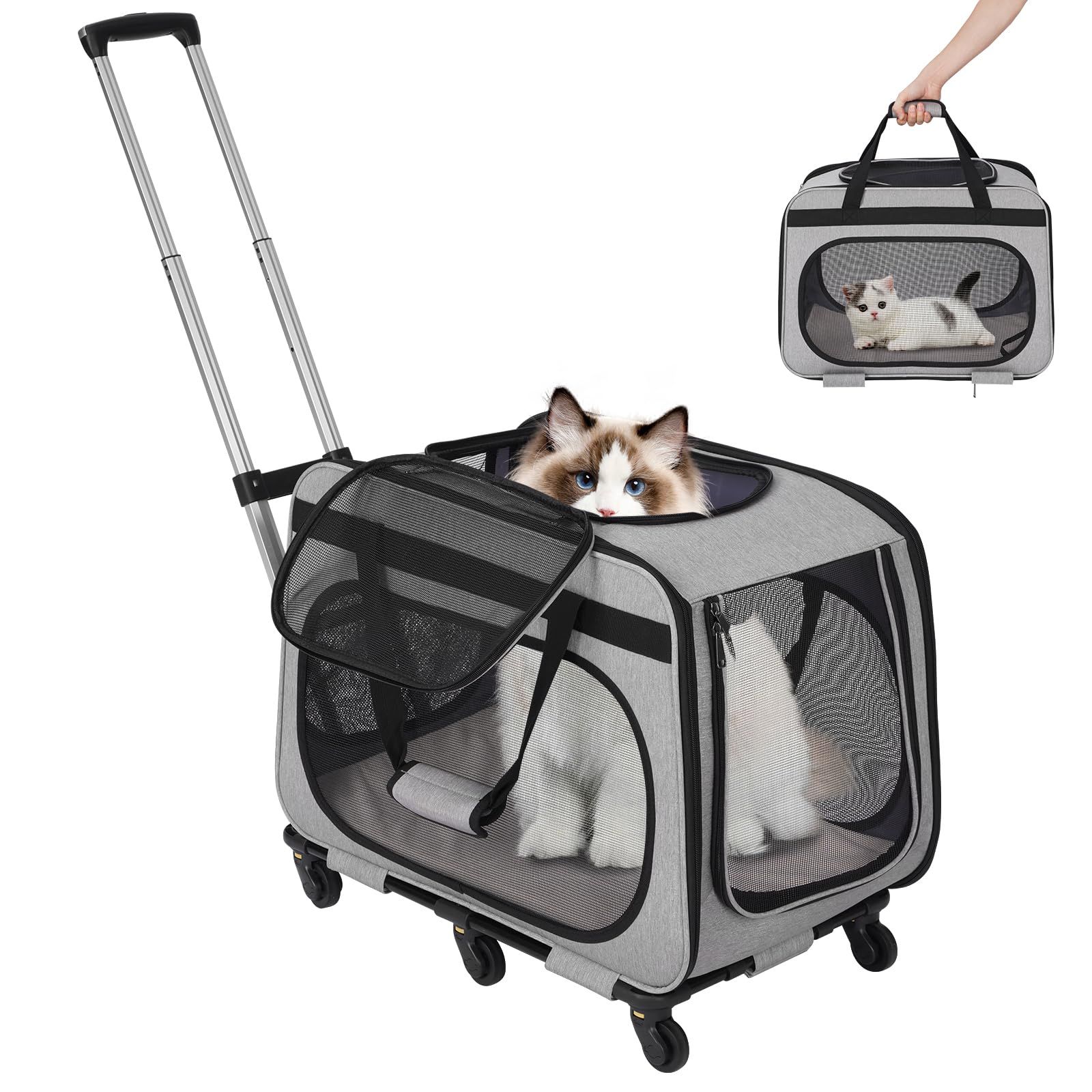 HOVONO 特大 猫 キャリー キャスター付き 小型 犬 キャリー カート ペットトロリーバッグ ペットキャリーケース 20kgまでサポート猫は4匹まで連れていけます 通気性 旅行/通院/交通機関/災害避難用