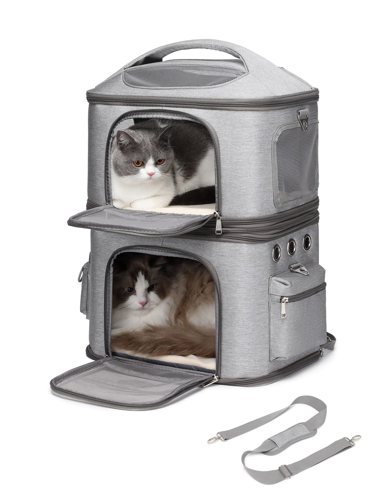 CHINSUKIDA 猫 2匹 リュック 分離可 キャリー 2層 ペット キャリーバッグ 小型犬 ソフトクレート 折りたたみ可 マット付き 2way 通院用 (グレー）